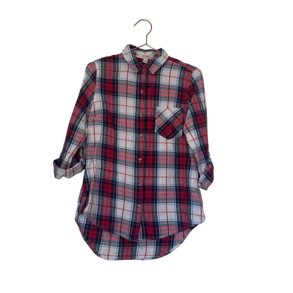 Miami checkered flannel button up roll tab top size small